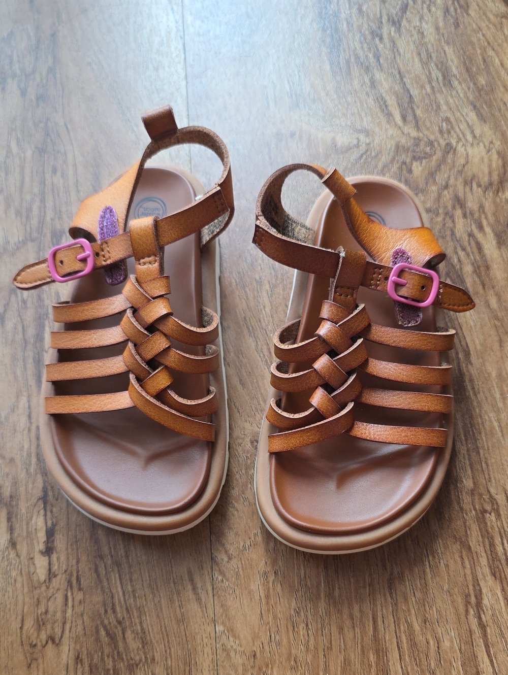 wonder nation Brown Leather-Look Braided Strap Sandals with Pink Buckles